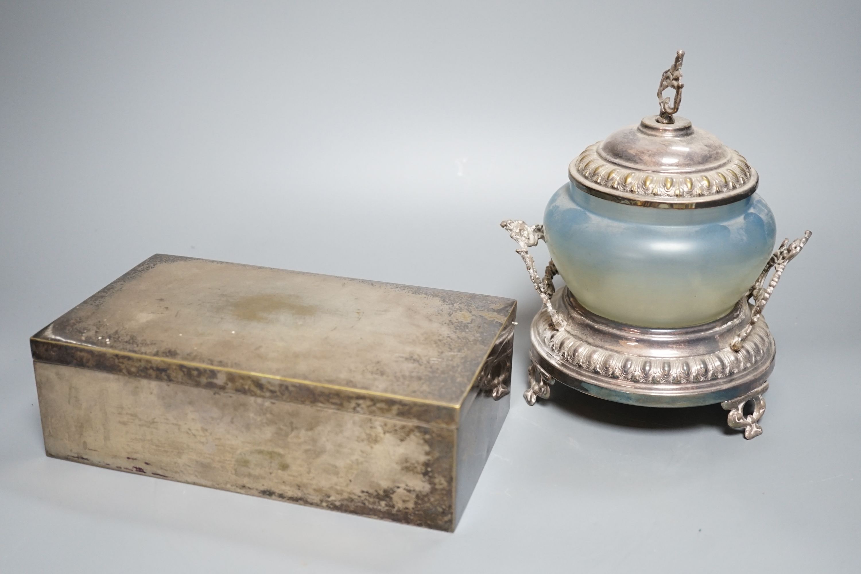 An enamelled glass sugar bowl with plated mounts, and a WMF plated cigar box, 23cm